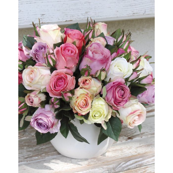 Grande mazzo di rose artificiali MOLLY, 15 Rose, 9 gemme, crema-rosa  antico-rosso, 28cm, Ø 25cm - artplants Mazzi di fiori artificiali