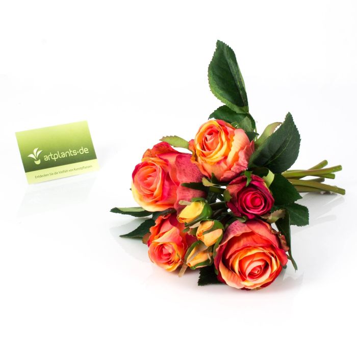 Mazzo di rose decorativo mini-MOLLY, 5 rose, 3 gemme, rosa-salmone, 28cm, Ø  15cm - artplants Mazzi di fiori artificiali