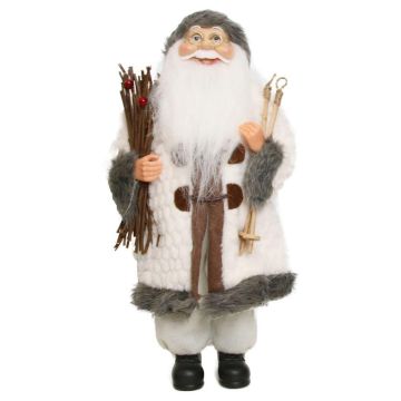 Figura di Babbo Natale JARICK, fascio di sterpaglie, bastoni da sci, bianco-grigio, 22x14x45cm