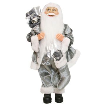 Figura di Babbo Natale WILKEN, sacco regali, calza ripiena, grigio-argento, 20x14x45cm