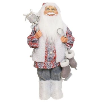 Figura di Babbo Natale ABENZIO, pattini da ghiaccio, sacco regali, bianco-grigio-rosso, 22x14x45cm