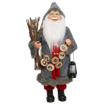 Figura di Babbo Natale ULRICH, fascio di sterpaglie, lanterna, catena di benvenuto, grigio-rosso, 22x14x45cm