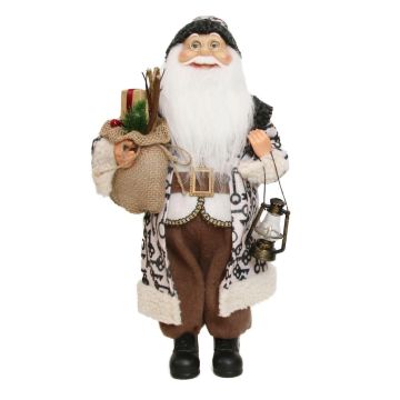 Figura di Babbo Natale ARNDOR, sacco regali, lanterna, beige-marrone, 23x14x45cm