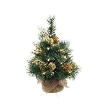 Albero di Natale artificiale CEDO, sacco di iuta, pigne, bacche, LED, verde-oro, 45cm