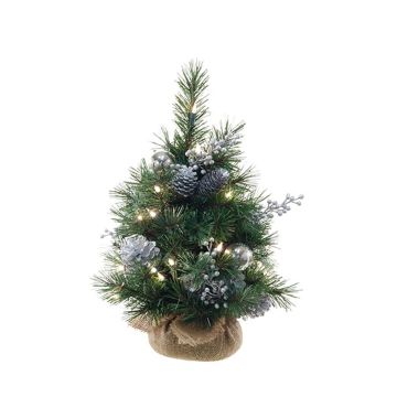 Albero di Natale artificiale CEDO, sacco di iuta, pigne, bacche, LED, verde-argento, 45cm