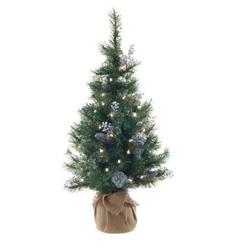 Albero di Natale artificiale CEDO, sacco di iuta, pigne, bacche, LED, verde-argento, 90cm