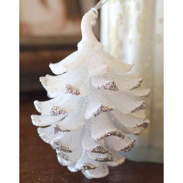 Pigna di abete per l'albero di Natale CATHARINA, acrilico, gancio, glitter, bianco-argento, 9cm, Ø7cm