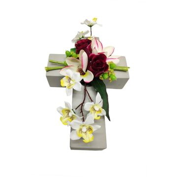 Composizione floreale artificiale di magnolia, orchidea, rosa OVANA, croce, bianco-rosa, 28x18x10cm