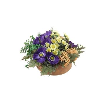 Composizione floreale artificiale di Anemone, Astilbe IGNATIO su piatto, giallo-viola, 17cm, Ø28cm